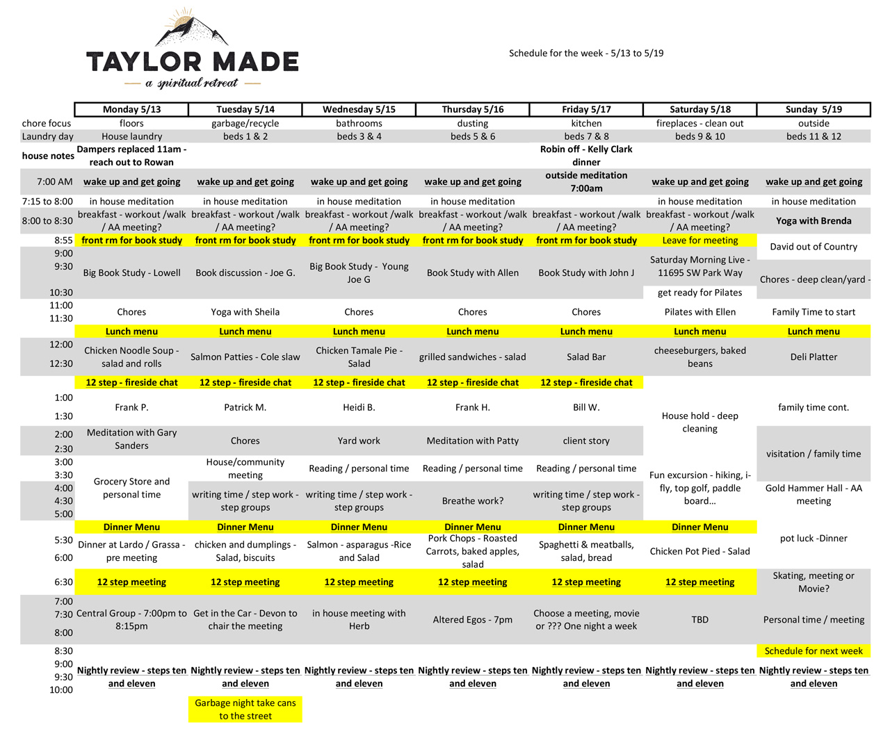 Taylor Made Retreat schedule sample